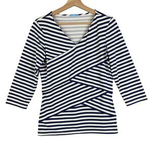 J.Mclaughlin Shirt Size M Blue White‎ Striped Blouse 3/4 Sleeve Catalina Cloth